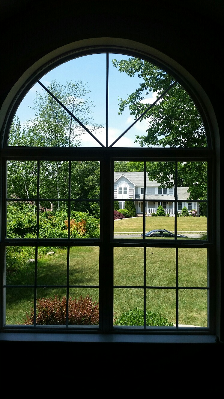 Window with a half circle on top, showing a front yard and lawn.